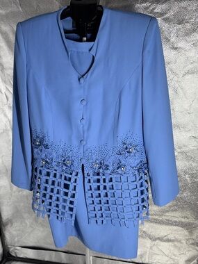 Moshita Coulture Embellished Periwinkle Blue 2pc Church Skirt Suit Jacket Sz 14